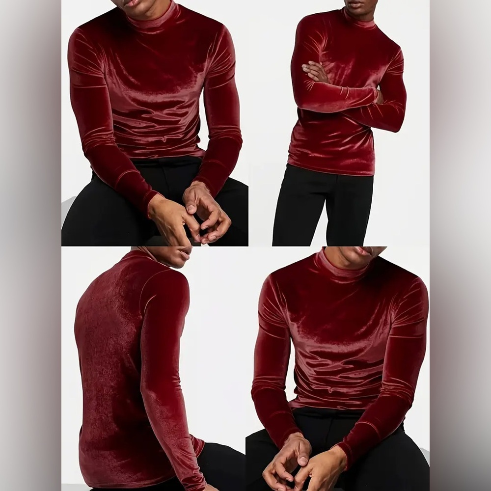 ASOS DESIGN muscle long sleeve t-shirt in burgundy velour with turtleneck - Picture 14 of 16